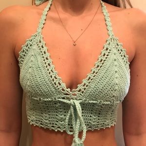 KENDALL + KYLIE halter light blue crochet top